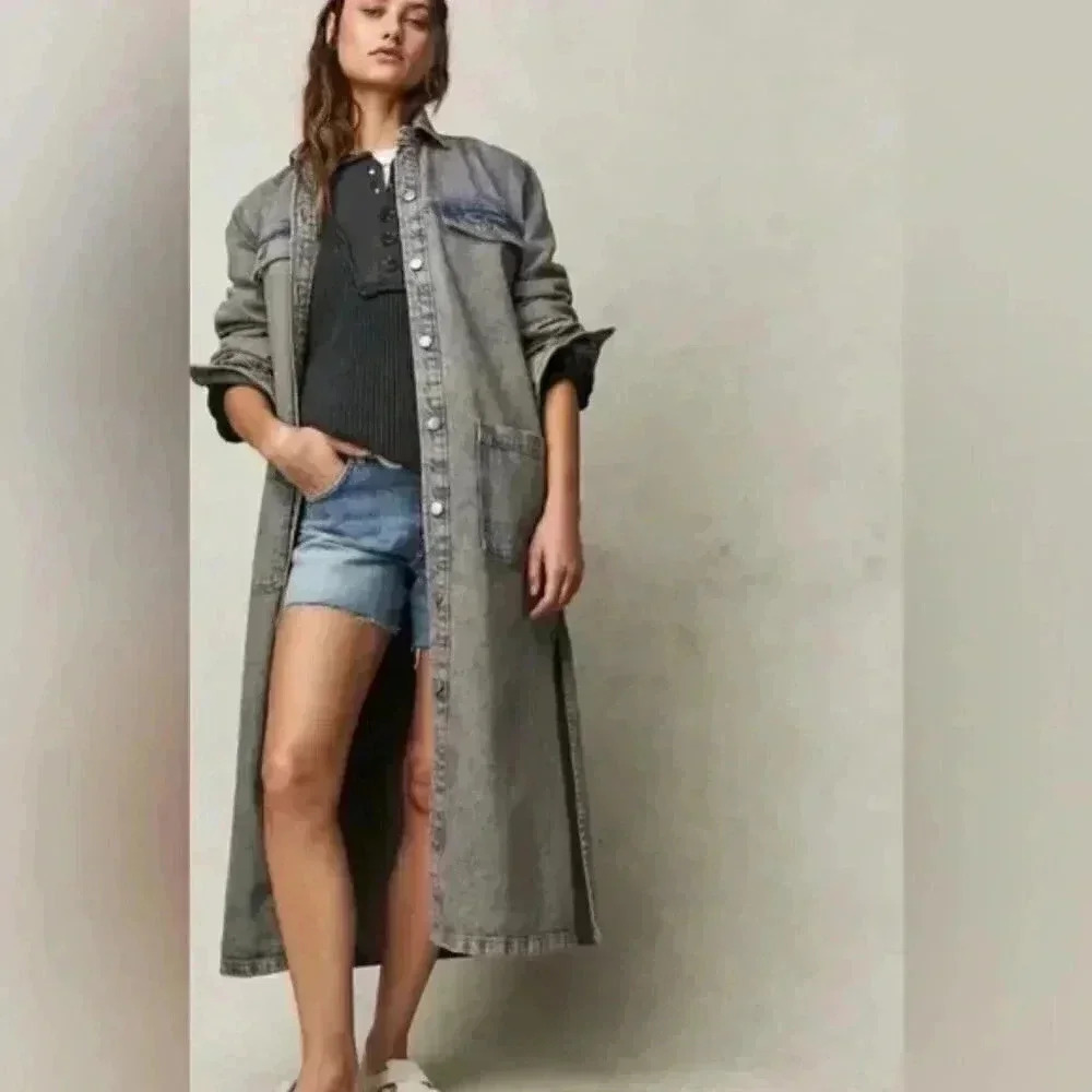 Free People Anna Lou Denim Duster Maxi Longline Jean Jacket
